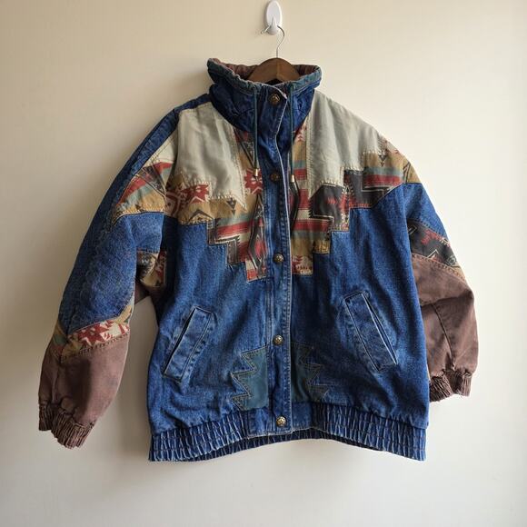 Izzy Jackets & Blazers - VTG 90s Izzi Western Denim Jacket Southwest Aztec Geometric Patchwork Oversize L